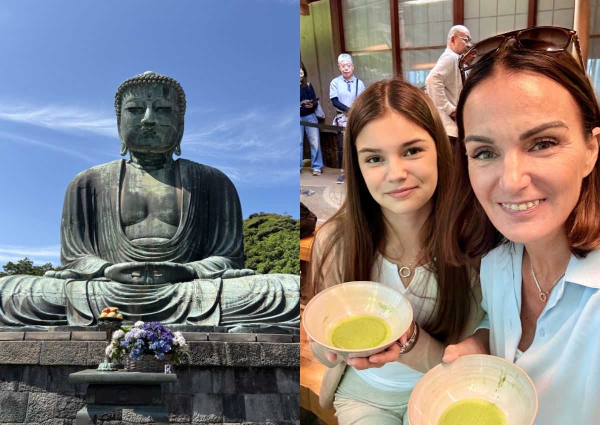 Links der Große Buddha von Kamakura, rechts Mutter und Tochter mit Matcha-Schalen