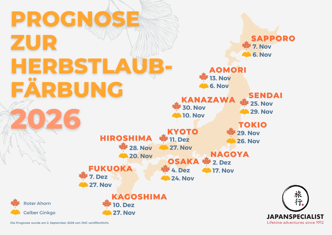 Prognosekarte für die Herbstlaubfärbung in Japan 2026