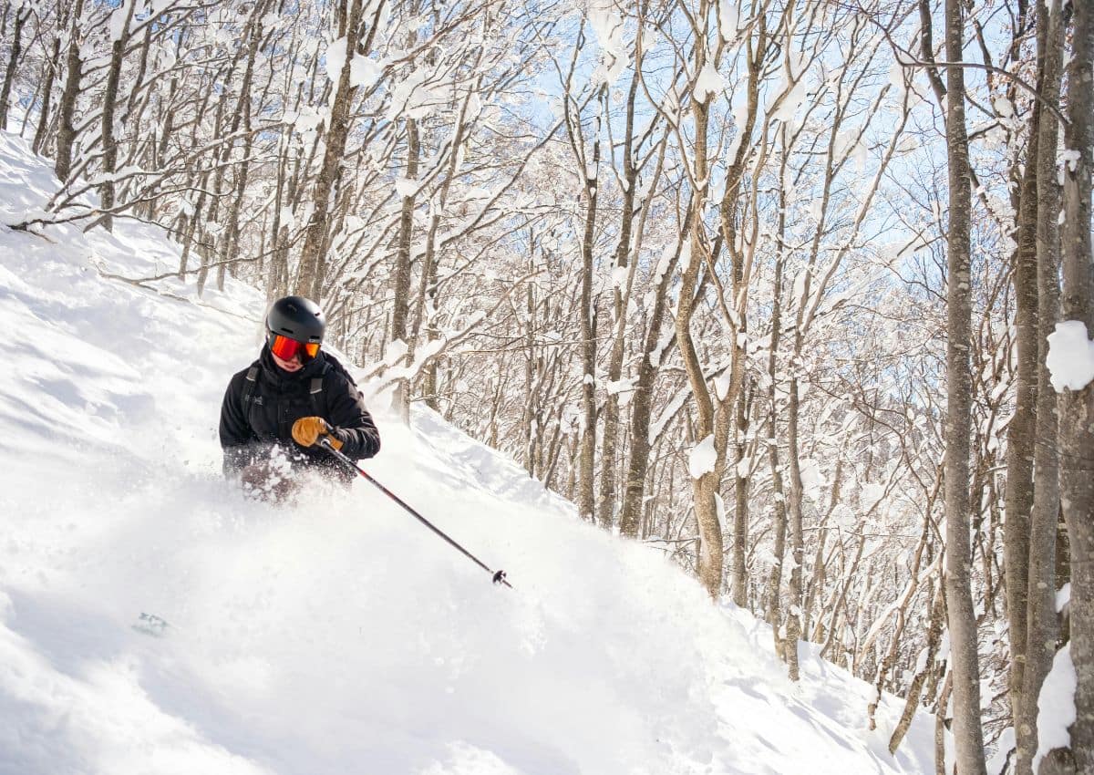 Freeskier im Hakuba-Skigebiet in der Präfektur Nagano, Japan – beliebtes Ziel für Wintersportler